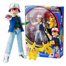 BANDAI 13.5CM Anime Pocket Monsters Ash Ketchum Pikachu Satoshi Figure Stand Model Toy Doll Action Figure Gift Collection