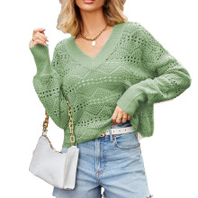 Haut en maille décontractée pour femme, pull à manches longues épaules dénudées et col en V, coupe courte, en maille gaufrée. Léger et