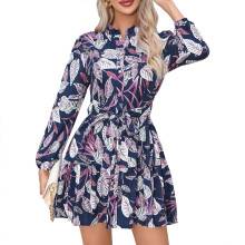 Rochie de damă cu mâneci lungi, linie A, model floral, rochie până la genunchi, decolteu fals și manșete cu nasturi, rochie cu curea și