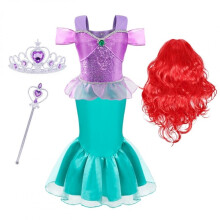 Peluca de sirena para niñas, disfraz de lujo de Ariel con tiara, collar y guantes, disfraz de princesa Sirenita de calidad superior y súper