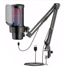 Microfone USB Plug & Play com Iluminação RGB, Microfone Condensador com Ângulo Ajustável, Som de Alta Fidelidade, Captação Cardioide e