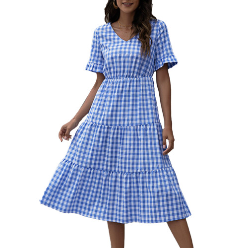 Αέρινα Φορέματα για Γυναικεία Casual Swing Plaid Midi Ψηλόμεσο Κοντό Μανίκι σε Γραμμή Α Gingham