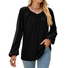 Stretchy Lightweight Women's Blouse With Long Sleeve And Pleated Front For All Season Styling And Effortless Elegance