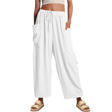 Pantaloni da donna in lino con elastico in vita, pantaloni a gamba larga con tasche, leggeri, morbidi e traspiranti, pantaloni lunghi a vita alta con