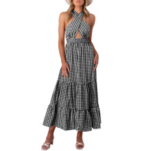 Flowy Summer Dresses For Women Halterneck Backless Sleeveless Floral Print Ruffle Hem High Waist Boho Beach Party Dress
