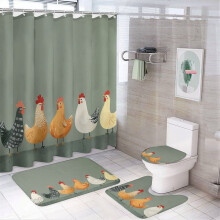 4Pcs Shower Curtain Set with Rug, Toilet Lid Cover & Non-Slip U-Shape Mat – Farmhouse Chicken Theme, Waterproof & Durable