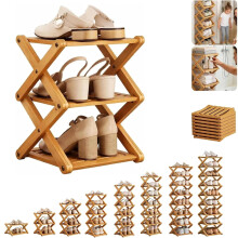 3-Tier Folding Bamboo Shoe Rack, No Assembly, Space-Saving, Strong Load-Bearing, Natural Finish (Compatible with Small Closets & Apartments)