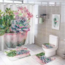 4-Pc Watercolor Succulent Shower Curtain Set w/ Non-Slip Rug, Toilet Lid Cover & Bath Mat + 12 Hooks (72"x72")