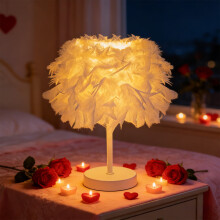 Valentine's Day Luxury Feather Table Lamp - Dimmable Girly Bedside Lamp, Compatible with Wedding/Bedroom/Festive Decor, 11.02x3.54in, White