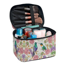 Wide-open Portable Makeup Bag Organizer with Brush Slots Brush Protectors Travel Make Up Organizer Hummingbirds and Floral