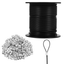 Vinyl Coated Wire Rope 328 FT Stainless Steel Wire Cable with 150 Crimping Loop Sleeves for String Light Indoor Outdoor