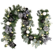 6ft Pre-Lit Mardi Gras Garland with Lights, Black & White Balls – for Mantle, Fireplace, Door, Table, Outdoor Party Decor (Compatible with Standard