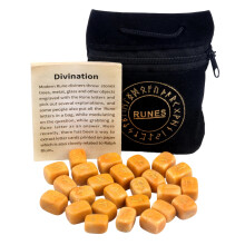 Natural Agate Rune Stones Set with 25 Engraved Norse Characters, Compatible with Spiritual & Divination Use, Yellow, in Drawstring Bag
