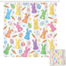 Cute Easter Bunny Shower Curtain, Colorful Rabbits, Eggs, Carrots – 72x72", Polyester, Waterproof, 12 Hooks