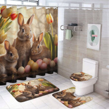 Easter Bunny & Tulip Shower Curtain 4-Pc Set w/ Non-Slip Rug, Toilet Lid Cover, Bath Mat – Waterproof Spring Decor
