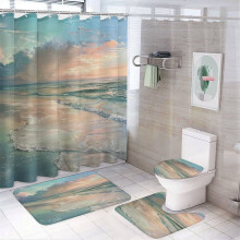 4-Pc Beach Sunset Bathroom Rug Set w/ Shower Curtain, Toilet Cover & U-Shaped Mat – Tropical Seascape Decor w/ 12 Hooks