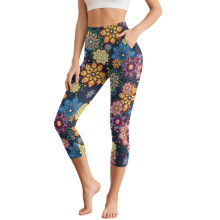 Flower Printed Yoga Pants for Women Athletic Capri Leggings High Waisted Yoga Capris Soft Workout Leggings with Pockets, S