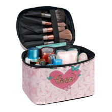 Heart and Butterfly Pattern Polyester Top-Handle Cosmetic Bag Brush Slots Makeup Skincare Organizer Double Zip Bathroom