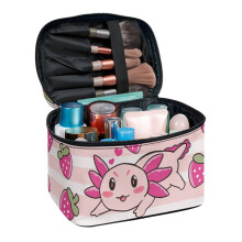 Axolotl & Strawberries Travel Makeup Case with Brush Compartment, Wide-Open Portable Pouch – Durable, Compatible with All Brushes