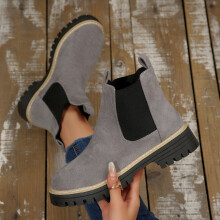 Willtoo Women's Round Toe Elastic Ankle Boots, Suede Boots Chunky Heel Short Booties, Comfortable Casual Dress Slip On Walking Shoes Gray