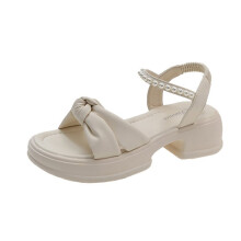 Sandalias de perlas estilo hada para mujer, con punta de mariposa y tacón medio.