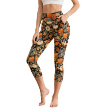 Thanksgiving Leggings for Women Pumpkin Printed Yoga Pants High Waisted Workout Leggings Maple Leaves Printed Yoga Capris with Pockets, 2XL