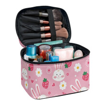 Bunnies & Strawberries Travel Makeup Organizer Bag – Polyester, Zipper, Portable (8.86"x6.5"x5.9")