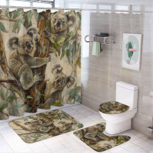 Koalas in Tree 4-Pc Bathroom Set: Shower Curtain, Non-Slip Rug, Toilet Lid Cover & Bath Mat – Retro Animal Print, Waterproof, Compatible with