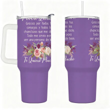 Stainless Steel Insulated Tumbler with Handle, Lid and Straw, Spanish Floral Quote Design, Reusable Hot & Cold Travel Cup