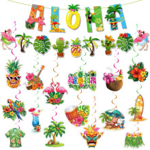 32-Pc Hawaiian Luau Hanging Swirl Decorations – Tropical Flower, Palm, Flamingo Foil Ceiling Decor for Beach, Pool & Tiki Parties