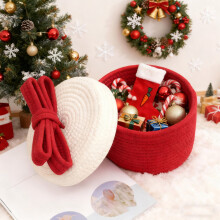 Christmas Gift Storage Basket with Lid Handmade Woven Bow Cottons Rope Desktop Storage Basket Gift Container Red