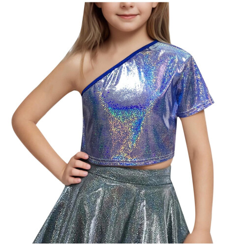 Girls One-Shoulder Short-Sleeve Sequin Crop Top