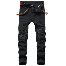 Jeans for Men Male Perforated Elastic Slim Fit Denim Pants with Small Legs