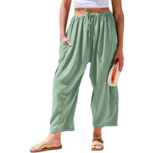 TARSE Womens Linen Wide Leg Pants Casual Loose Drawstring Summer Beach Travel Vacation Palazzo Harem Pants with Pockets