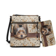Yorkshire Terrier Paw Print PU Leather Crossbody Bag & Wallet Set for Women – Spacious Satchel with Adjustable Strap, Compatible with Daily Use
