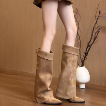 Willtoo Knee High Boots for Women – Wide Calf Slouchy Leather Western Moto Boots, Non-Slip Low Heel, Pointed Toe, Comfortable Walking Shoes