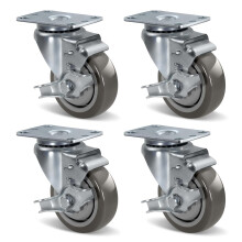 Heavy Duty 3.5" Polyurethane Swivel Casters with Brake, 1000lbs Total Capacity, Set of 4