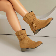 Willtoo Womens Western Fringe Cowboy Low Heel Bootie, Cowgirls Slouchy Slip on Ankle Boots Suede Chunky Heel Dress Boot