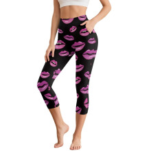 Lip Printed Capri Leggings for Women High Waisted Yoga Pants Athletic Yoga Leggings for Sports Gym, L