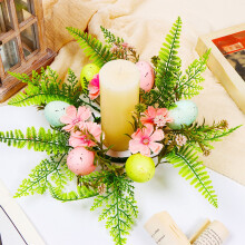 Easter Candle Wreath Decoration – Spring Floral Egg Centerpiece with Plastic Greenery & Pastel Flowers for Table, Mantel, Home Decor – Compatible