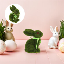 Flocked Easter Bunny Rabbit Statue Green Moss Figurine Decorative Tabletop Accent