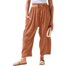 TARSE Womens Linen Wide Leg Pants Casual Loose Drawstring Summer Beach Travel Vacation Palazzo Harem Pants with Pockets