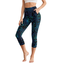 Spider Web Printed Capri Leggings Halloween Yoga Pants Breathable Workout Leggings Athletic Yoga Capris with Pockets, S