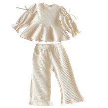 Girls 2 Piece Set Beige Cotton Ribbed Outfit with Ruffle Sleeve Peplum Top & Wide Leg Pants Kids Kids Girl Clothes Casual Playwear,Size 5-6 T