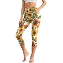 Sunflower Printed Capri Leggings for Women, Tummy Control Yoga Pants Breathable Workout Leggings High Waisted Yoga Capris with Pockets, L