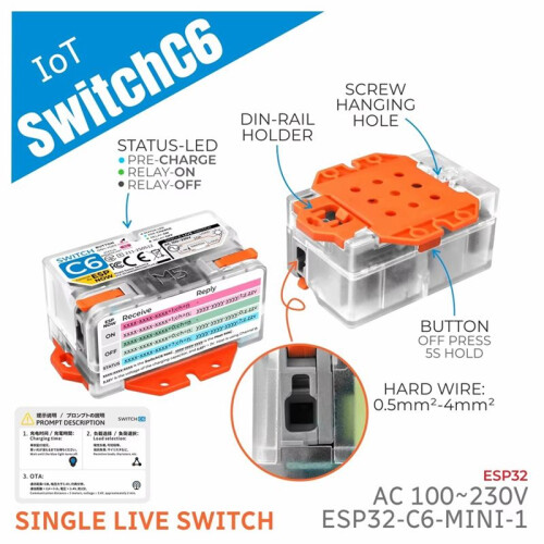 SwitchC6 IOT Single Live Wire Wi-Fi   ESP32-C6 Latching Relay AC100-230V Input ESP-NOW Communication 1