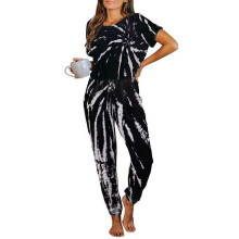 Pajamas for Women Set Summer Womens Loungewear Set: Tie-Dye Print, Short-Sleeve Top & Elastic-Cuffed Pants Womens Pajama Sets