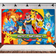 Cartoon Pokemon Birthday Backdrop Photography Kids Party Supplies Happy Birthday Party Decorations 94''71''