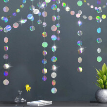 4-Pack Shiny Holographic Circle Hanging Decorations, 13ft Round Dots Streamer Backdrop | Iridescent Party Decor, Compatible with All Standard Hooks