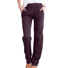 Women's Elastic Waist Casual Pants, High Waisted Relaxed Fit Lounge & Everyday Pants in Wine, Cotton Blend with Pockets, Size 3XL